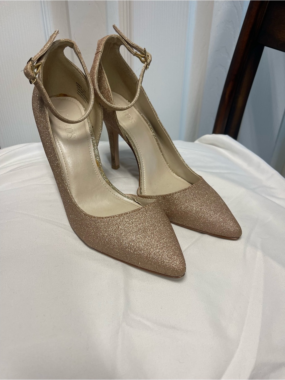 David's Bridal Rose Gold Glitter Pointed Ankle-Strap Stilettos